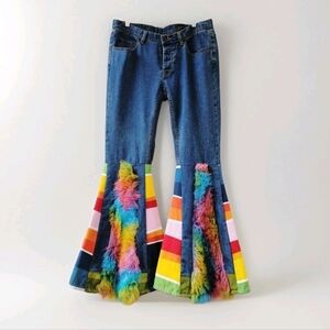 Burning Man Festival Pride Bell Bottom Jeans Rainbow Feather Costume Boho OOAK